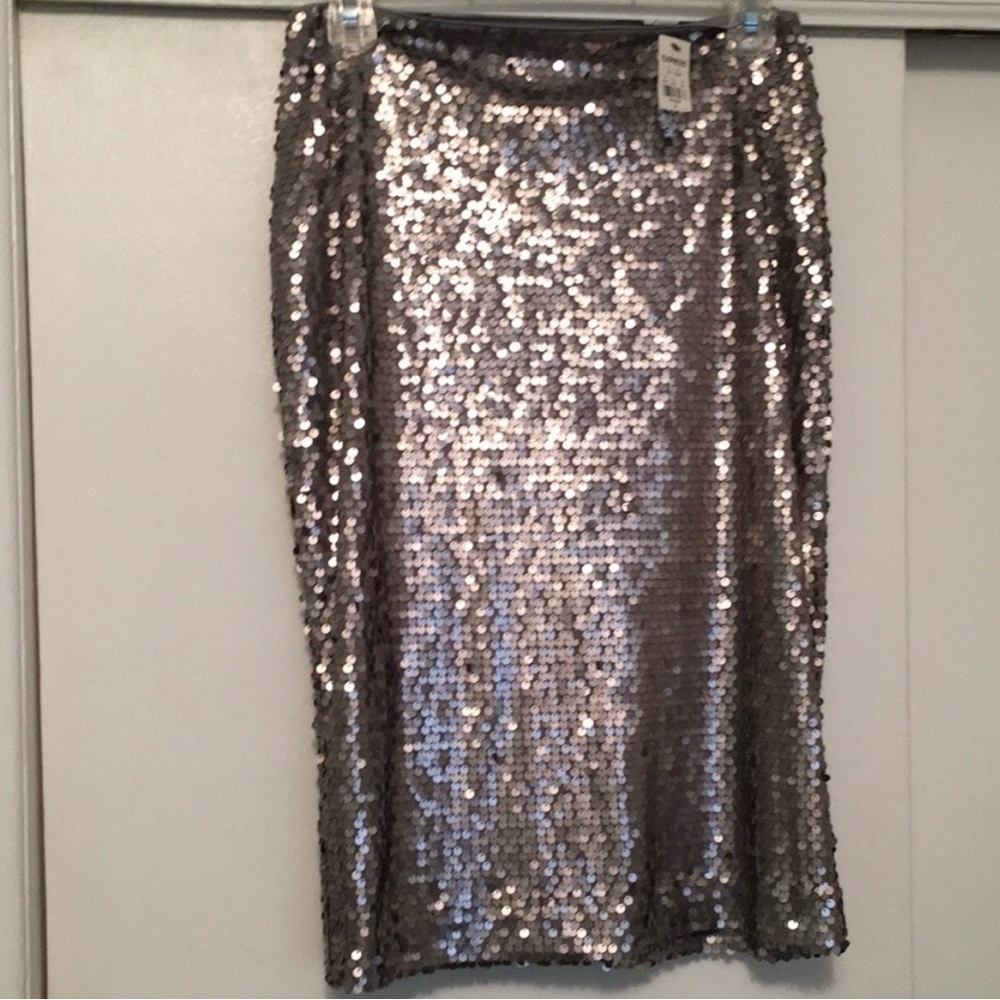 Express Silver Sequin Knee-Length Cocktail Skirt